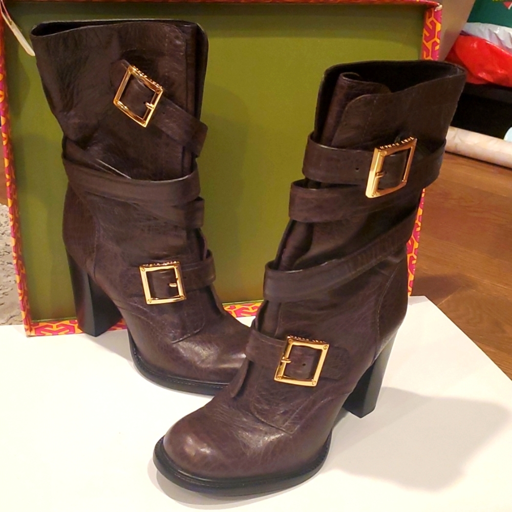 Tory Burch Jaden Buckle Dark Brown High Heel Boots Size 8